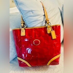 Coach Glossy Red and Tan Tote